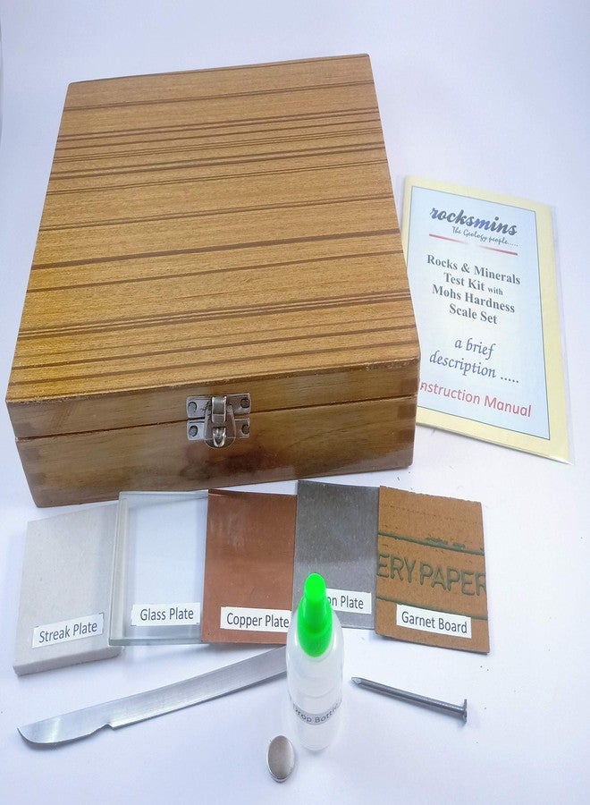 Rocksmins Rocks & Minerals Test Kit in Wooden Box with Mohs Hardness Scale Set 9 Specimens for Mohs Hardness 1 Specimen for Magnetism Test 10 Accessories for Testing of Minerals Instruction Manual - Image 2